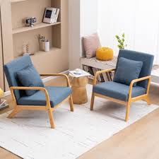 Mid-Century Modern Blue Accent Chairs Set - Wood Frame Living Room Seating